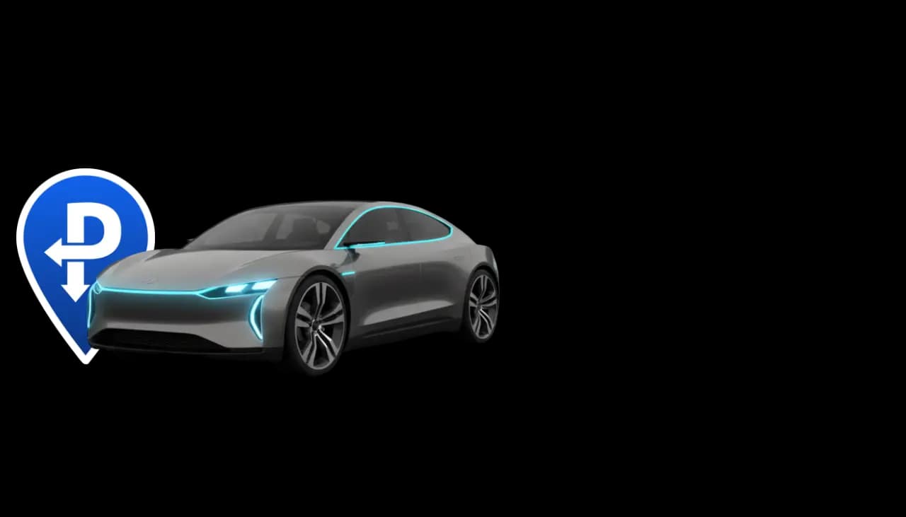 Final branding section of the ParkEase parking app featuring the modern logo on a smartphone next to a futuristic electric car representing smart parking innovation.