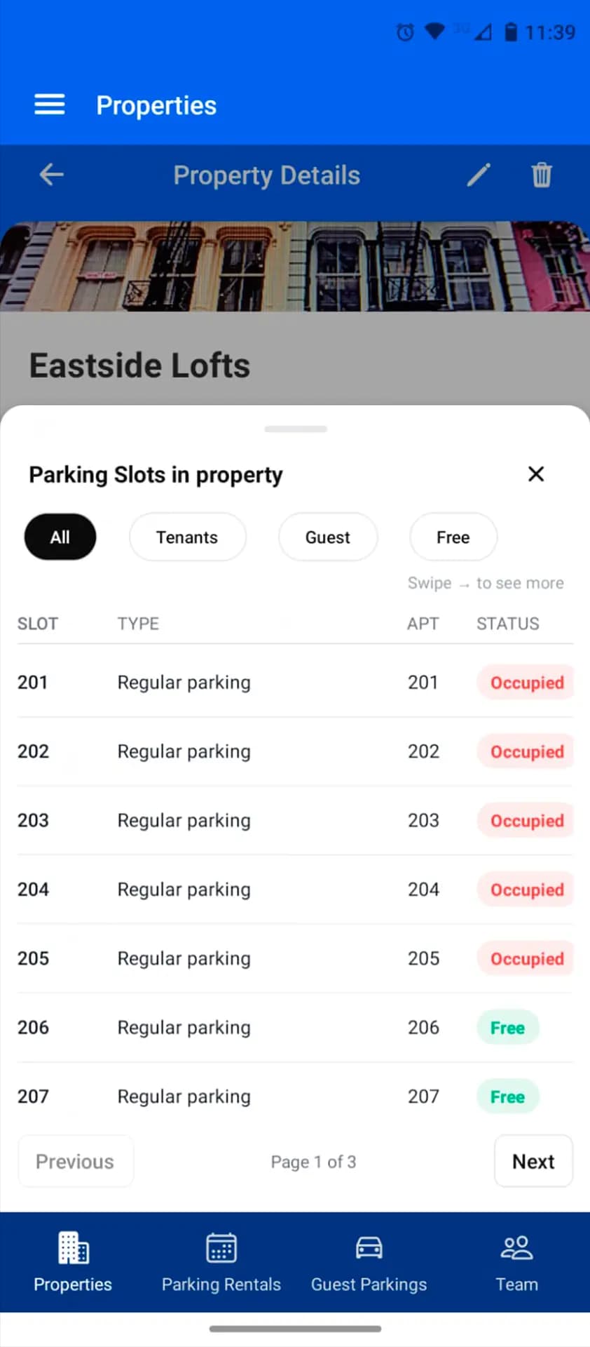 Real-time parking overview interface in the ParkEase parking management app showing occupied and available spots categorized by tenant and guest usage.