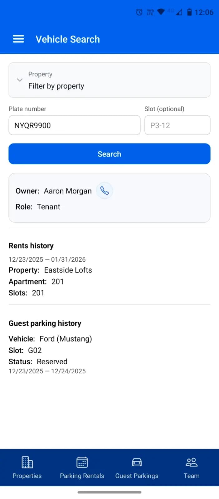 Mobile interface of ParkEase parking management app showing the license plate search tool used by security to instantly verify vehicle owner, tenant history, and guest parking status.