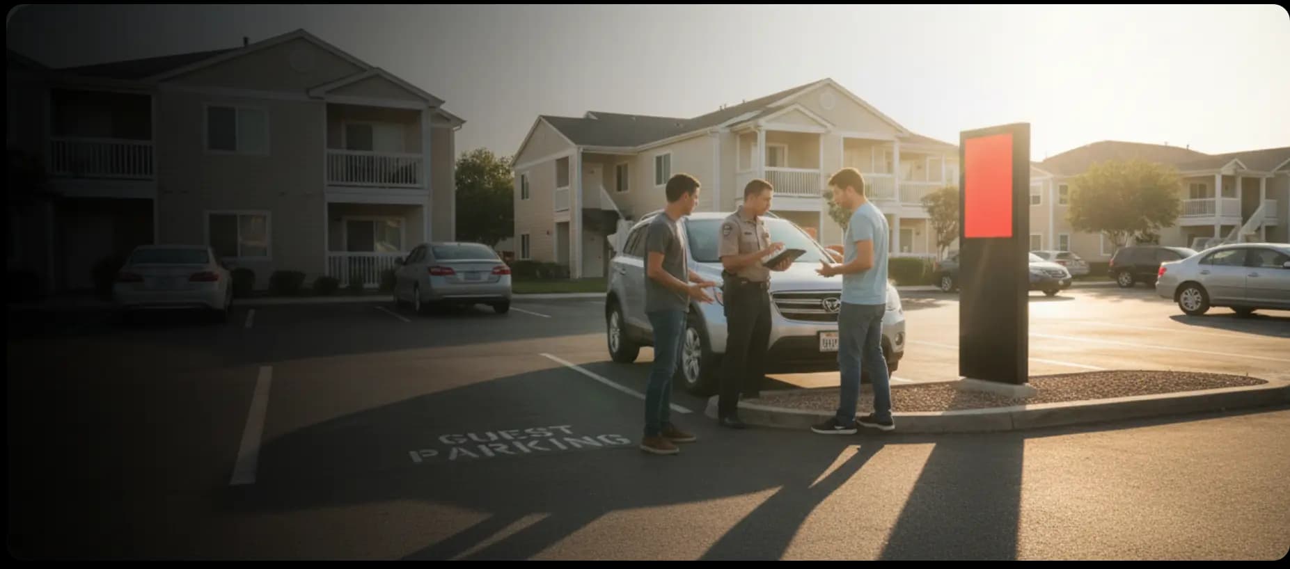 Security personnel and property managers using the ParkEase parking management software to verify vehicle information and manage guest parking in a residential complex.