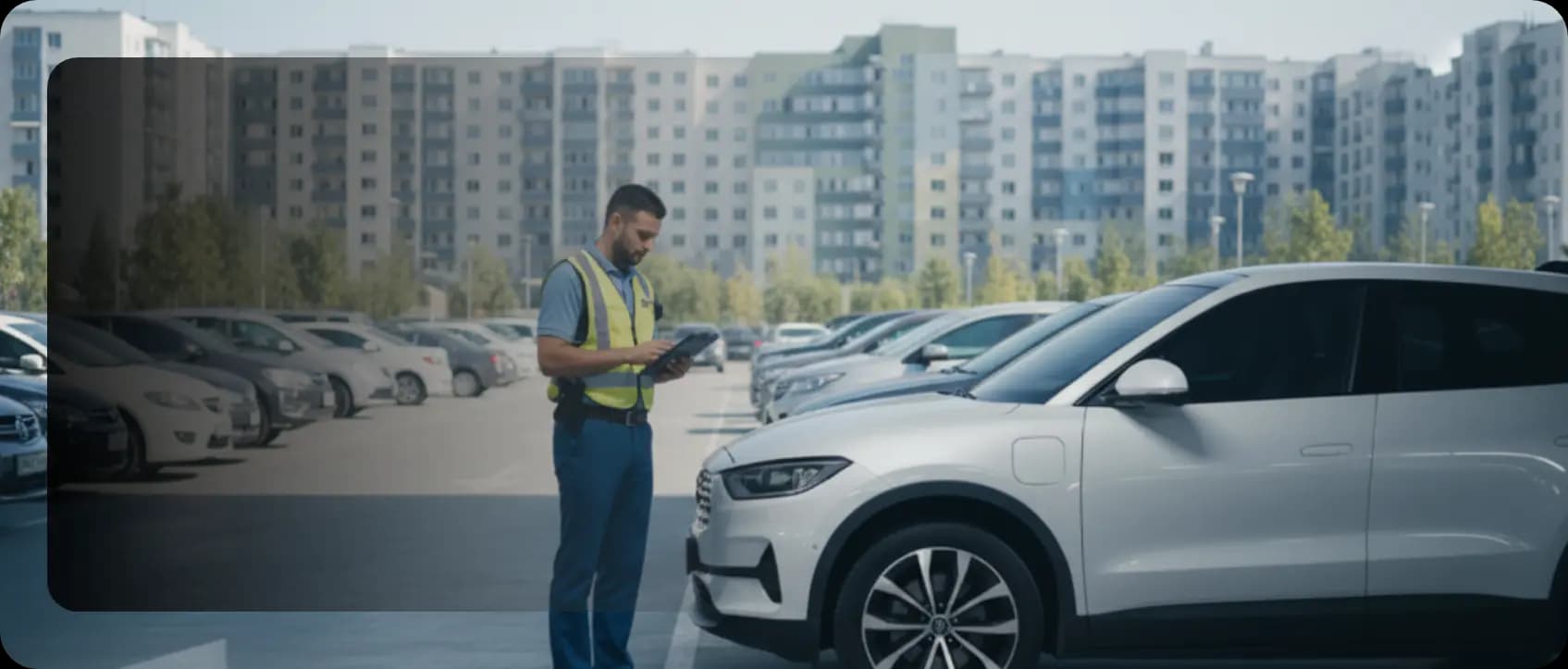 Security officer using ParkEase parking management app on a tablet to perform an instant license plate search and verify vehicle authorization in a large residential parking lot.