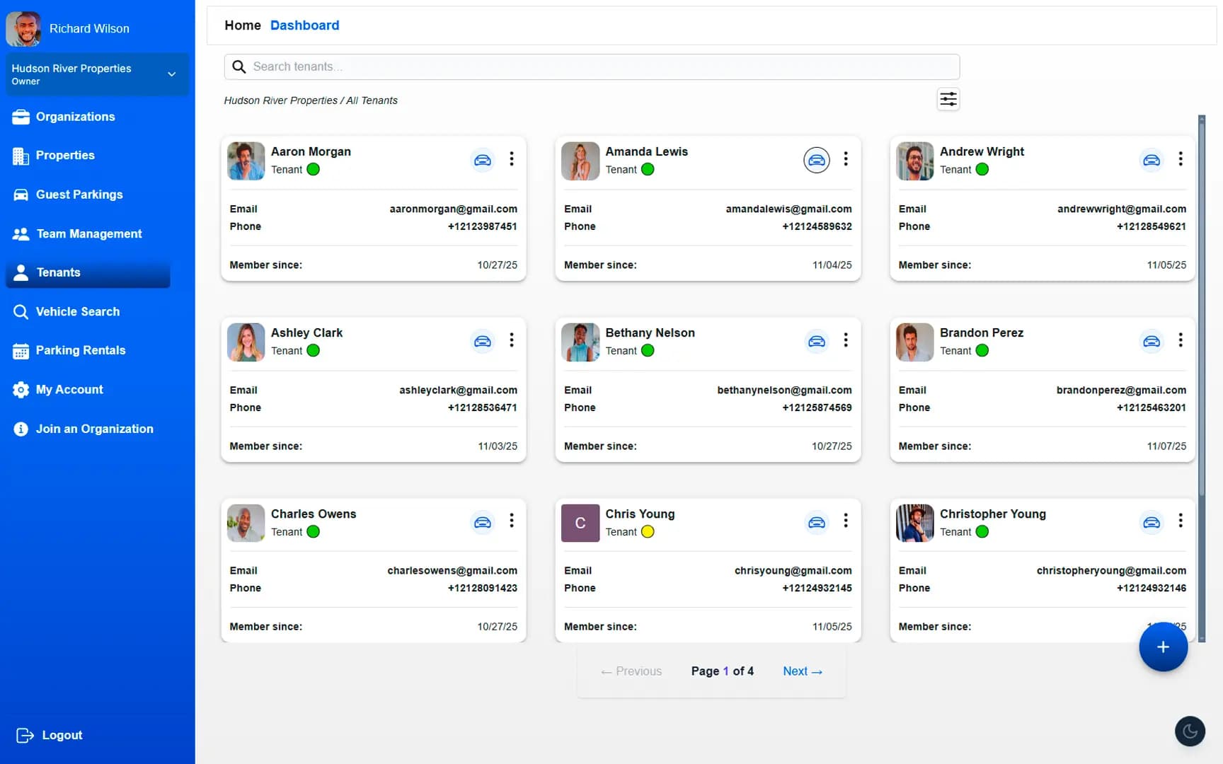 Centralized web dashboard of ParkEase parking management software showing the tenant and vehicle database for efficient assignment of rented parking spaces.