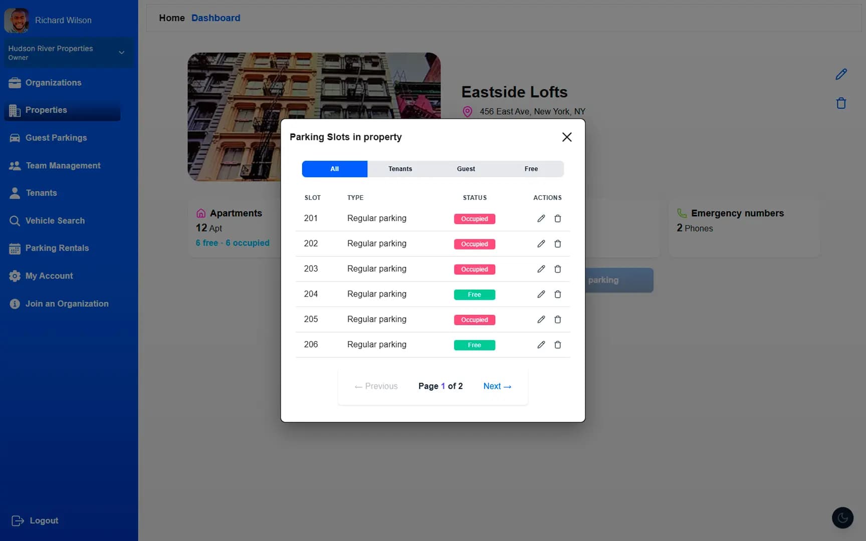 Centralized web dashboard of ParkEase parking management software showing a live property overview with occupied and available parking slots for luxury building administration.