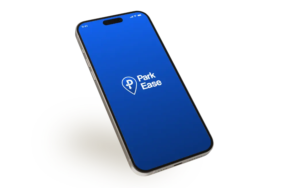 Official ParkEase logo on a smartphone screen, representing the premier parking management app for luxury residential properties and security teams.