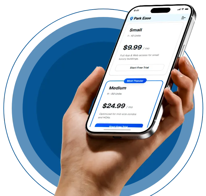 Pricing plans for the ParkEase parking app on a smartphone, offering scalable monthly subscriptions for small luxury buildings and mid-size condos.
