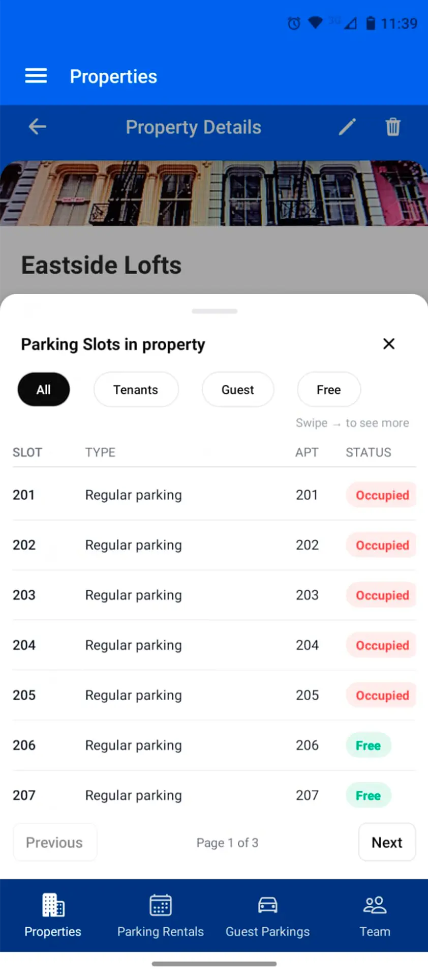 Real-time parking overview interface in the ParkEase parking management app showing occupied and available spots categorized by tenant and guest usage.