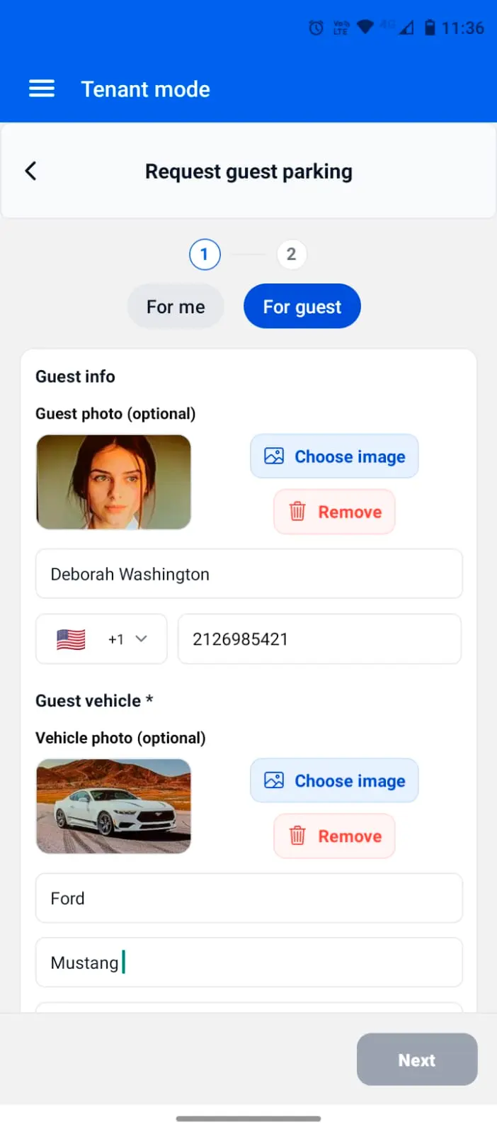 Mobile UI of ParkEase parking management software showing the easy guest registration process where tenants can add vehicle details and photos for quick parking permits.