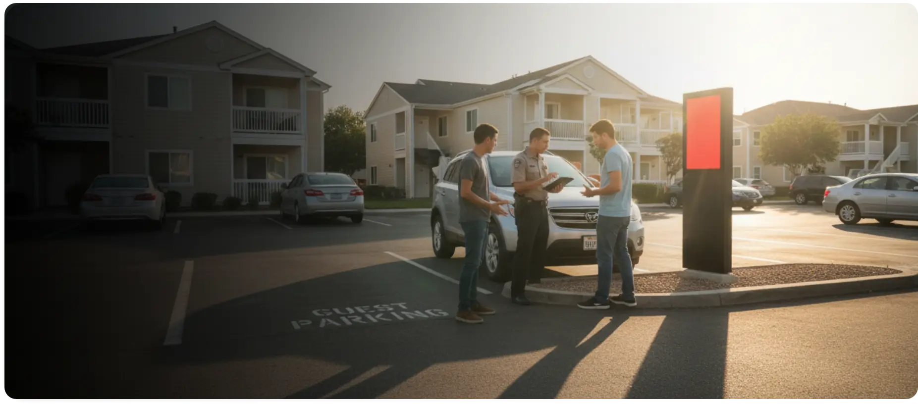 Security personnel and property managers using the ParkEase parking management software to verify vehicle information and manage guest parking in a residential complex.