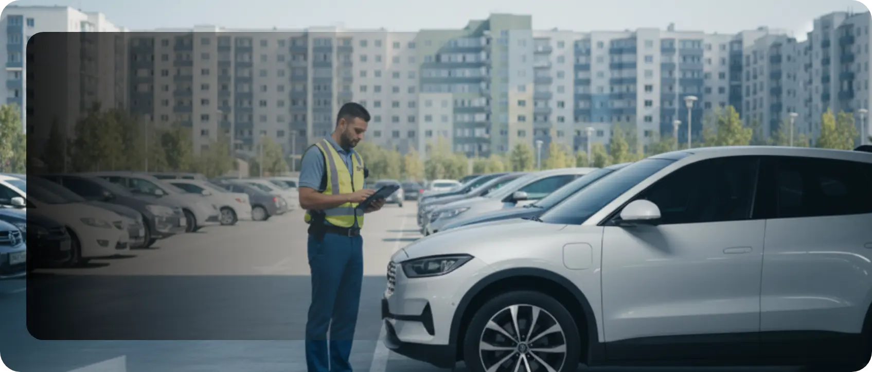 Security officer using ParkEase parking management app on a tablet to perform an instant license plate search and verify vehicle authorization in a large residential parking lot.